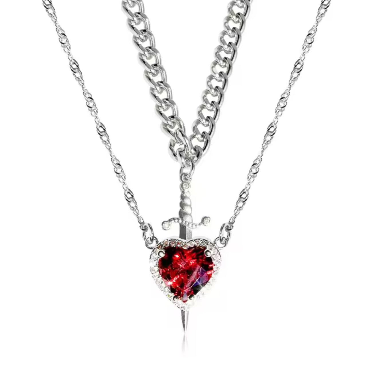 Heart & Sword Interlocking Necklace Set – Silver Tone (Couples Edition)