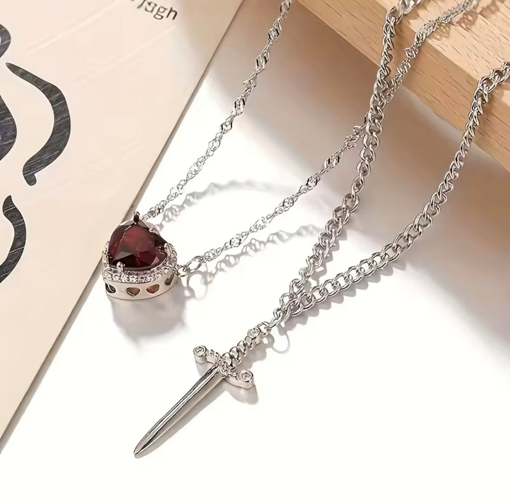 Heart & Sword Interlocking Necklace Set – Silver Tone (Couples Edition)