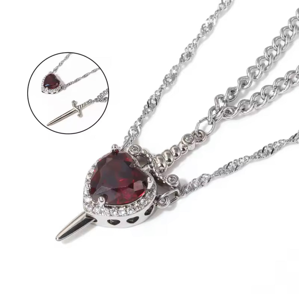 Heart & Sword Interlocking Necklace Set – Silver Tone (Couples Edition)