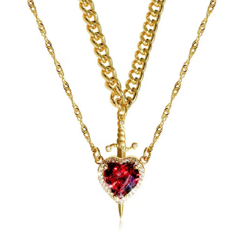 Heart & Sword Interlocking Necklace Set – Gold Tone (Couples Edition)
